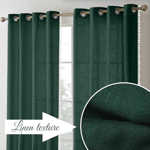 Image of THE LINEN COMPANY Cotton Sheer Grommet Curtains with Side Border Pompom Sheer Curtain for Long Door Linen Textured, Light Filtering, Pack of 2 (Sea Green, 9 Feet)