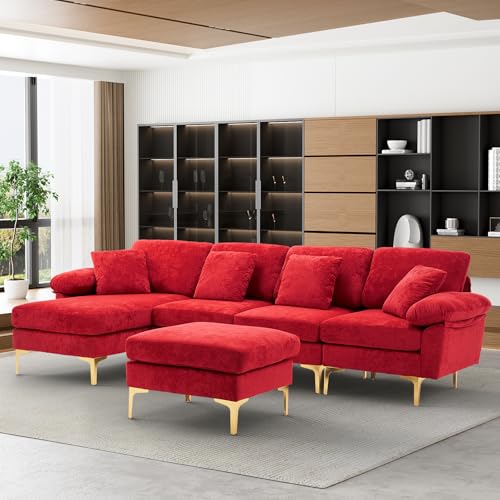 Image of OUYESSIR U-Shaped Sectional Sofa Couch, 4 Seat Sofa Set for Living Room, Convertible L-Shaped Velvet Couch Set with Chaise Lounge, Ottoman and Pillows,114 inches (Red)