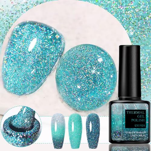 Colour Changing Gel Nail Polish, Gel Nail Polish with Thermal Temperature Color Changing Diamond Glitter Reflective Nail Polish Long Lasting Glossy for DIY Nail Art Manicure at Home Salon (24#) - Image 4