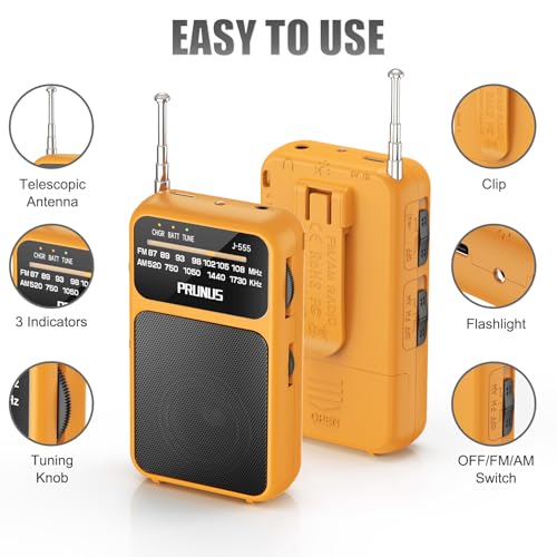 Image of PRUNUS J-555 Pocket Radio AM FM Built-in 800mAh Rechargeable battery /AAA Battery Operated, Excellent Reception Clear Speaker Earphone Jack, Back Clip, Flashlight, Transistor, Portable Mini USBC Charge