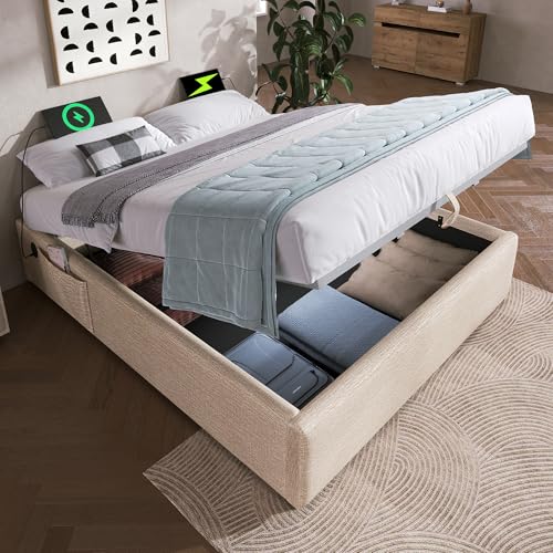 Generisch Cama tapizada para cama doble de 160 x 200 cm, estructura de cama con USB C y somier de láminas de superficie completa, sin cabecero, lino, natural