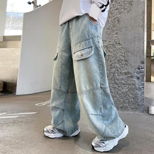 Boy's Hole Straight Leg Jeans, Vintage Wide Leg Loose Jeans, Loose Denim Pants with Pockets, Elastic Waist Casual Pants3