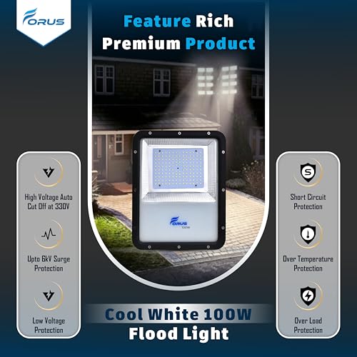 Image of Forus 100W LED Flood Light, IP67 Waterproof Outdoor Security Floodlight, High Mast Focus Cool White Light, Halogen Replacement for Factory, Garage, Garden, Parking, Warehouse | 4-Yr Warranty (1 PC)