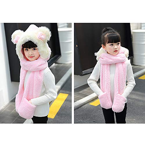 Girls Cute Bowknot Hooded Scarf Versatile 3-in-1 Winter Warm Hat with Scarf Pocket Gloves3