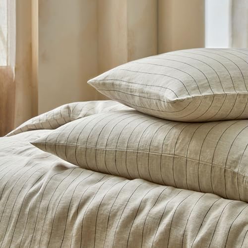 Image of mixinni 3 Piece Striped Duvet Cover Set, Neutral Washed Cotton Linen Blend Bedding, Vintage Stripe Comforter Cover with 2 Pillowcases, Soft Breathable Farmhouse Bed Set for All Season-Queen Size