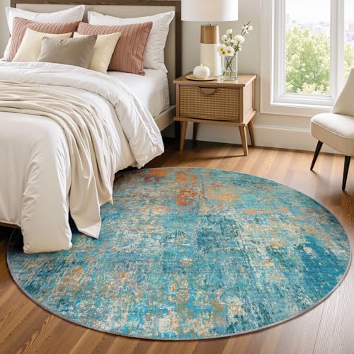Washable Area Rugs 4ft Non-Slip Modern Abstract Soft for Living Room Entryway Bedroom Nursery, Print Pattern, Teal Blue Green Orange Rust Red Colorful