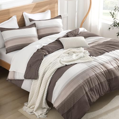 Litanika Comforter Set Twin/Twin XL Chocolate - 2 Pieces Lightweight Colorblock Stripe Fluffy Bedding Comforter Sets, All Season Bed Set
