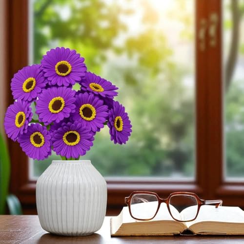 Image of Garden Art Artificial 5 Pcs Gerbera Flower Sticks, 33 cm, RealTouch Natural Looking | Silicone Decorative Bunch for Home GAAGFB-1H-33PL (Purple)