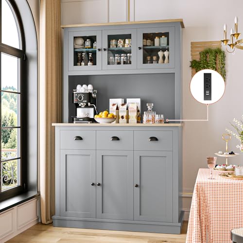 Image of MU 71 inch Kitchen Pantry Cabinet with Charging Station, Tall Pantry Hutch with Drawers, Countertop & Microwave Shelf, Food Storage Cabinet for Dining Room & Coffee Bar, Grey