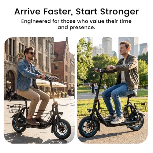 Image of AWWSCOOTER Foldable Electric Scooter for Adults with Seat, Commuter E-Scooter with Dual Storage Baskets for Groceries and Pets