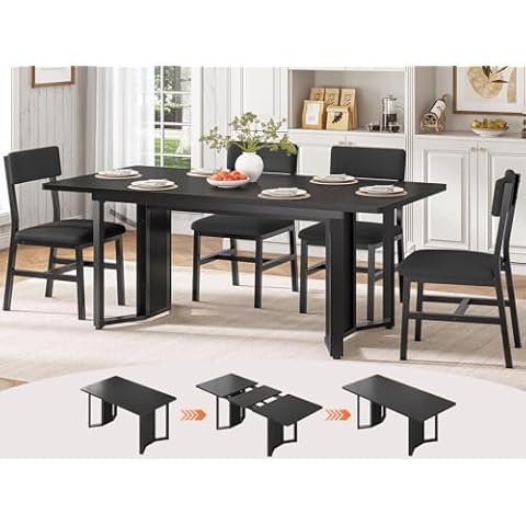 Itaar 5-Piece Dining Table Set for 4-6 People, 63" Extendable Kitchen Table and 4 Cushion Chairs, Dining Room Table with MDF Board & Metal Frame for Small Space, Easy Clean, Black Cover