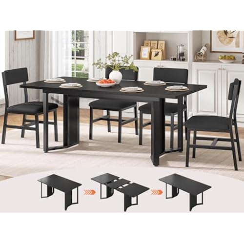 Itaar 5-Piece Dining Table Set for 4-6 People, 63" Extendable Kitchen Table and 4 Cushion Chairs, Dining Room Table with MDF Board & Metal Frame for Small Space, Easy Clean, Black