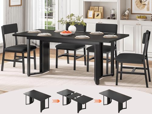 Itaar 5-Piece Dining Table Set for 4-6 People, 63' Extendable Kitchen Table and 4 Cushion Chairs, Dining Room Table with MDF Board & Metal Frame for Small Space, Easy Clean, Black