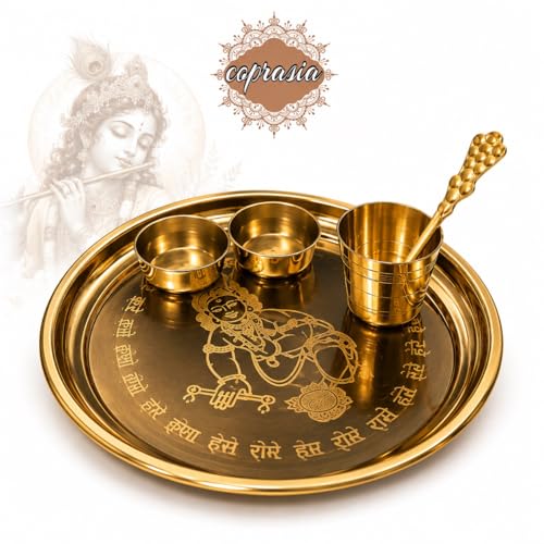 Image of Traditional Brass Puja Thali Set for Mandir & Festivals | Brass Aarti Thali Plate for Bhog, Diya & Pooja Rituals | Ideal for Diwali Navratri Karwa Chauth Home Temple Decor (Set of 5)