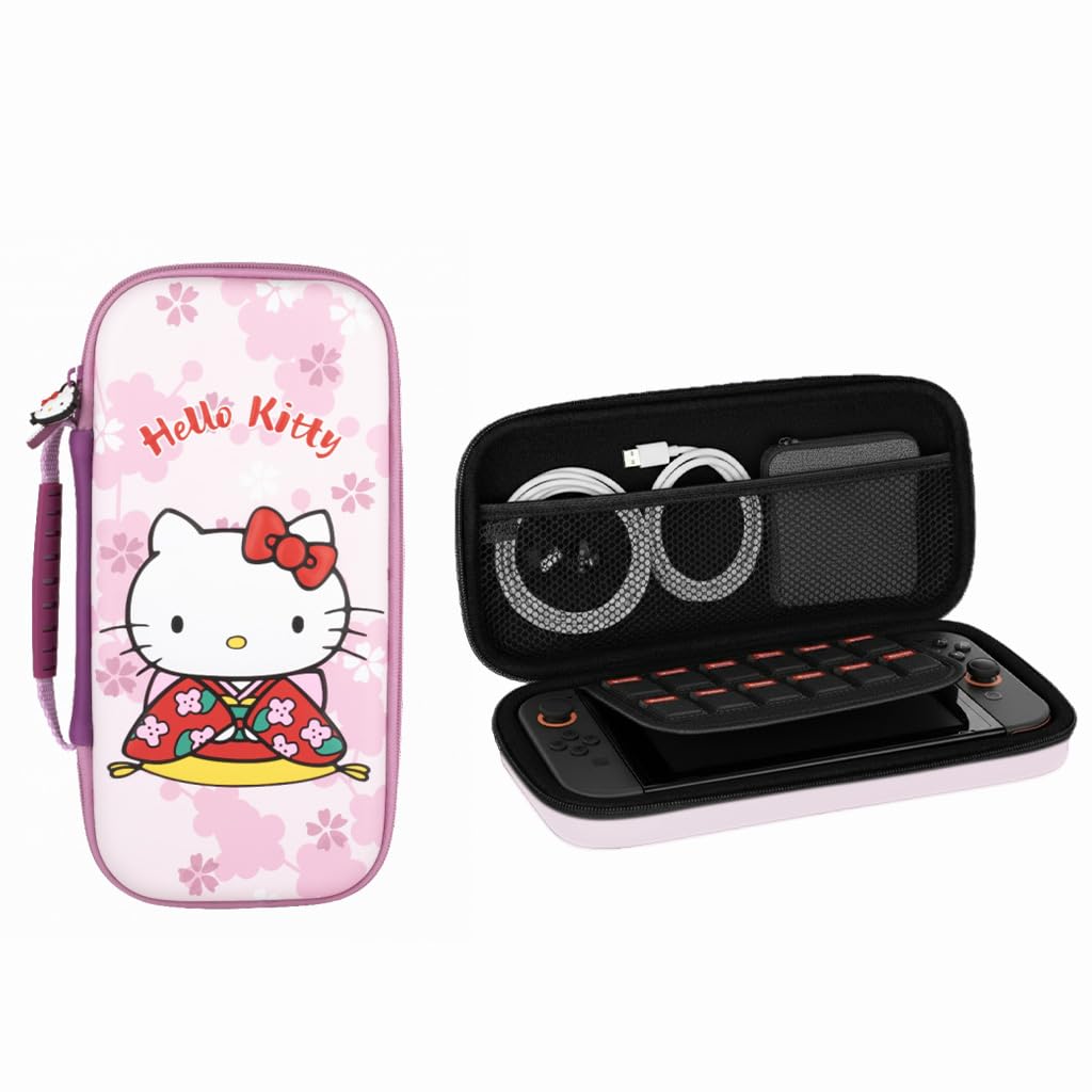 Konix Rosa Hello Kitty Schutzhülle Und Tragetasche Für Nintendo Switch, Switch Oled Und Switch 2 - Zubehörfach Und 8 Spiele - 3D-Motiv