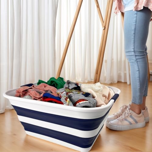 Image of SAMMART Collapsible Plastic Laundry Basket with Handle /Foldable Pop Up Storage Hamper /Portable Laundry Organizer-Space Saving Washing Tub /Household Storage (White /Starry Blue, 42L)