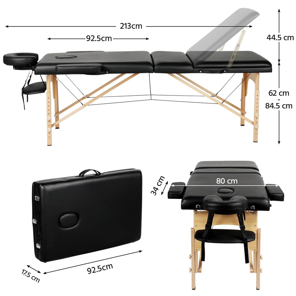 Yaheetech Camilla Masaje Plegable 3 Zonas Profesional Portátil Carga 250kg 213×82cm Altura Ajustable de Madera Haya para Belleza Tatuaje SPA con Bolsa de Transporte