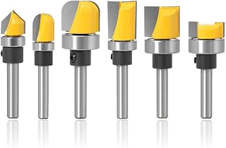 Mesee 6 Pieces Template Router Bit Set with Bearing, 1/4-Inch Shank Straight Bits and Bowl Tray Bits V Grooving Bit for Woodworking Template Pattern Slotted Trimming Clearing Milling Cutter Tools