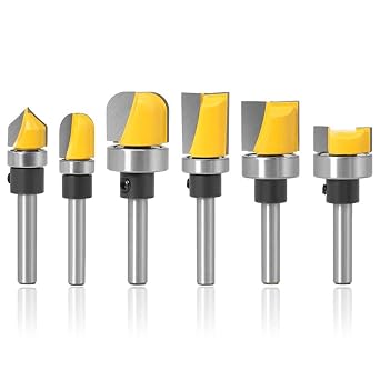 Mesee 6 Pieces Template Router Bit Set with Bearing, 1/4-Inch Shank Straight Bits and Bowl Tray Bits V Grooving Bit for Woodworking Template Pattern Slotted Trimming Clearing Milling Cutter Tools