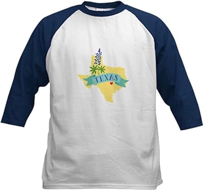 CafePress Texas State Outline Bluebonnet Flower Baseball Jer Kids Cotton Baseball Jersey, 3/4 Raglan Sleeve Shirt Navy/White