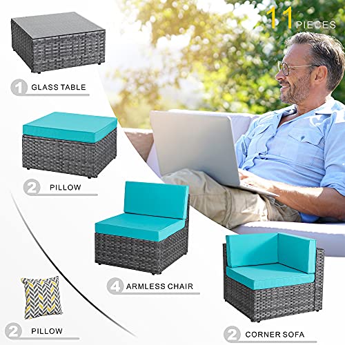 Sunlei 7 Pieces Patio Furniture Set Conversation Sofa Set Outdoor Sectional Sofa Furniture Sets With Tea Table & Ottoman(Silver Rattan) (Blue) #TOP3