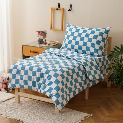 Image of Luxlovery Toddler Comforter Set Checkered Plaid Sky Blue White Kids Boho Bedding Set Bed Set for Dorm 4 Pieces (1 Comforter, 1 Flat Sheet, 1 Fitted Sheet, 1 Pillowcase)