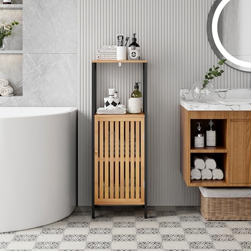 Sanless Meuble de WC/Colonne Rangement Salle de Bain Noir et Bois – Structure MDF + Placage Bambou Véritable – Finition Bois Naturel – Idéal pour...