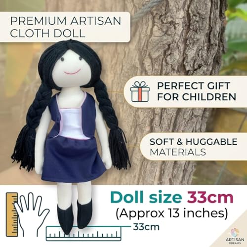 Image of Blue Modern Girl Handcrafted Indian Rag Doll, Soft Cotton Fabric & Yarn Hair Cloth Doll, Traditional Handmade Doll for Kids, Home Decor & Gifting