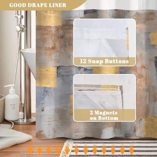 NAEMBCU No Hook Shower Curtain with Snap in Liner Set, Modern Abstract Gold Art Print - Mesh Top Waterproof Double Layer Bath Tub Curtain for Glam Neutral Hotel Spa Bathroom Decor, 71W x 74H by NAEMBCU - Used condition - Image 5