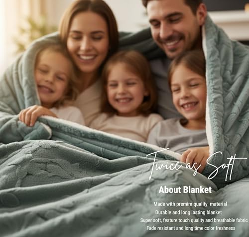 Image of VAS COLLECTIONS Faux Fur Jacquard Tufted Sherpa Blanket | 600 GSM Heavyweight Ultra-Soft & Super Warm Double Bed Blanket | 225 x 220 cm | 5D Embossed Floral Design | Heavy Winter Use - 3 kg, Aqua