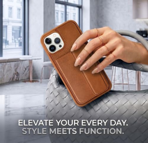 Image of amazon basics Luxury Vegan Leather Back Cover for iPhone 15 Pro | Built-in Card Holder Slot | Integrated Mobile Stand | Slim Shockproof Protective Case with Stitched Finish - Tan
