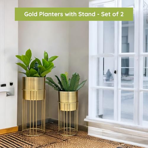 Image of Decorative Gold Metal Planters with Stand for Living Room | 24 inch & 19 inch (Height) x 10 inch & 9 inch (Diameter) | Modern Indoor Planters and Flower Pots Set of 2 (Gold)