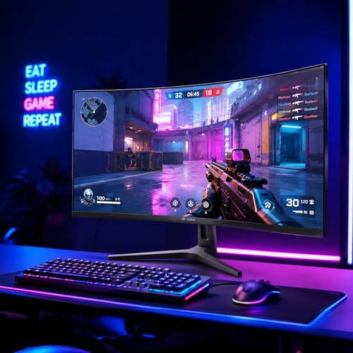 Image of CRUA 34 inch WQHD 165Hz Ultrawide Curved Gaming Monitor, 1500R, FreeSync, Black | 3440x1440 21:9, 120%sRGB, Low Blue Light, HDMI 2.1 /DP 1.4 and 75x75mm Wall Mount for PC Gaming, Streaming, Editing and Work