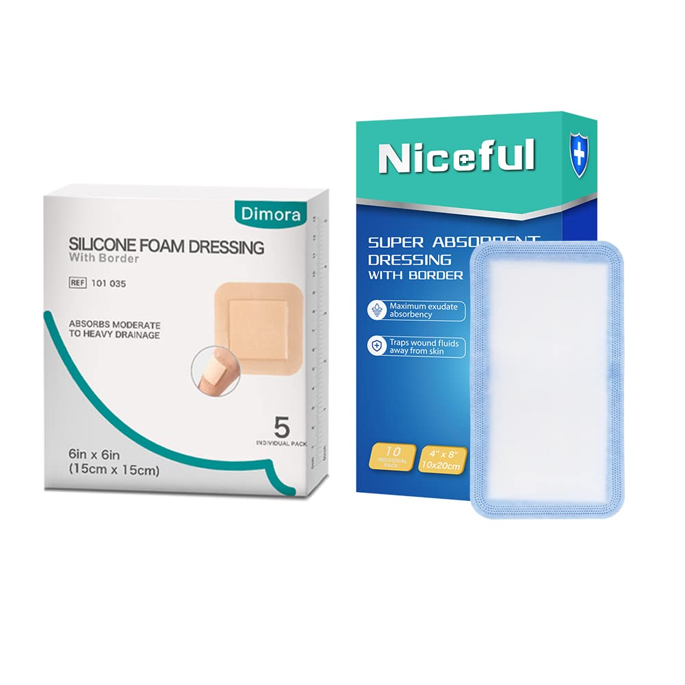 Niceful Super Absorbent Wound Dressing 4"x7.8" 10 Packs, Large Silicone Foam Dressing 6"x6" 5 Packs, High Absorbent Wound Dressing Faster Healing