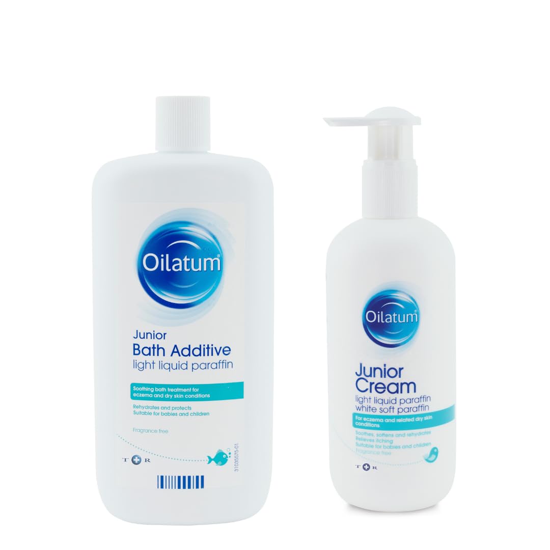 Oilatum Junior Emollient Bath Additive (1x 600ml) & Junior Cream (1 x 500ml), Eczema & Dry Skin Conditions Soothing and Hydrating Moisturizer for Sensitive, Itchy Skin, Dermatologist Recommended