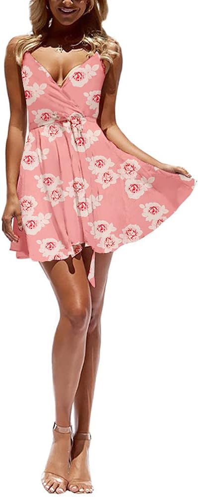CASURESS Women Dress Summer V Neck Mini Floral Print Swing Dress Sleeveless Spaghetti Strap Skater Dresses with Belt - Image 3