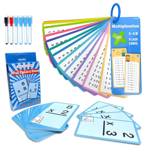Juego Educativo de Tablas de multiplicar para niños con 15 Tarjetas Grandes 1x1 y 36 Tarjetas Dobles de práctica,Incluye 6 rotuladores borrables,Tarjetas de multiplicación plastificadas Escuela
