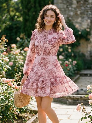 Image of Allegra K Women's Spring Dresses 2026 Tie V Neck Semi Sheer Long Sleeve Layered Tiered Chiffon Mini Floral Dress