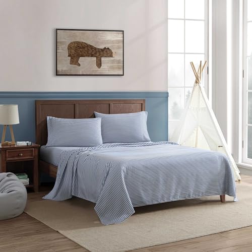 Image of Eddie Bauer Kids - Full Sheets, Stain-Resistant Toddler Bedding with Matching Sham(s), Super Soft, Ideal Boy Room Essentials (Vivid Stripe Blue, Full)