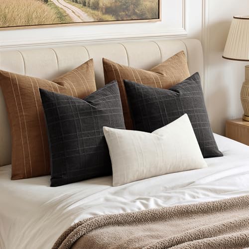 Image of MIULEE Decorative Linen Check Euro Shams Throw Pillow Covers Neutral Farmhouse Vintage Pillow Covers 24x24 Set of 2 Boho Modern Winter Home Decor for Sofa Couch Bedroom Cushion Camel Brown