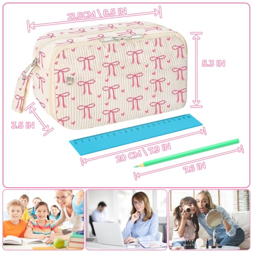 Image of WOBAGMEN Cute Pencil Case,Large Corduroy Zippered Pencil Case Pouch, aesthetic Pencil Bag with Compartments, Pencil Pouch School Supplies (pink bow)