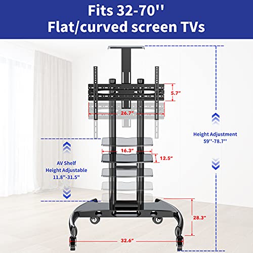 Mobile/Rolling Tv Cart With Wheels For 32-70 Inch Lcd Led Flat/Curved Screen Tvs, Ul Certificated Outdoor/Floor Tv Stand, Height Adjustable Tv Trolley With Shelf Up To 132 Lbs Max Vesa 600X400Mm-Tc005 #TOP4