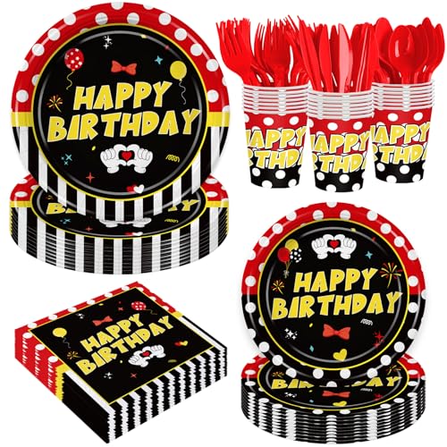 168Pcs Cartoon Mouse Birthday Decorations Red Cartoon Party Decorations Paper Plates and Napkins Tableware Kit for Boys Girls Red Mouse Theme Party Supplies