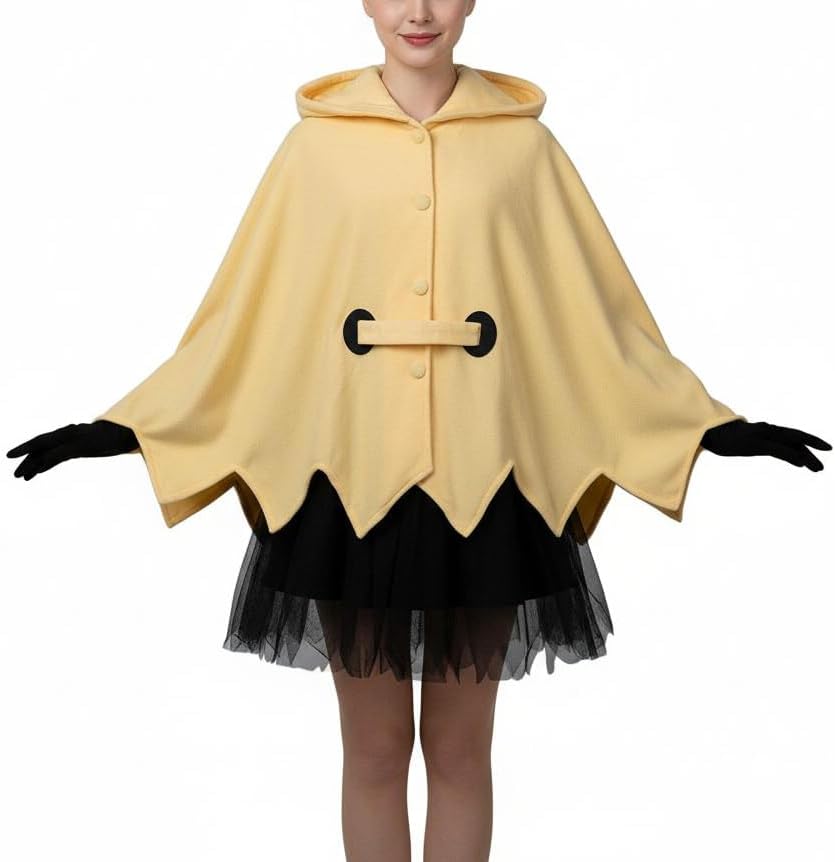 Cosfun Womens Ghost Hooded Cape Cloak Costume Long Ears Hooded Ghost Costume with Belt Skirt Gloves Yellow