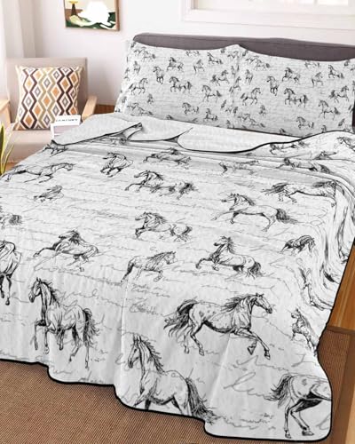 3-Piece Summer Quilt Twin XL Size, Running Horse Lightweight Cooling Bedding Comforter Blanket with 2 Pillow Shams, Retro Black Minimalist Animal Sketch Bedspreads Quilted Coverlet Sets 68