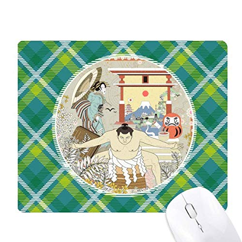 日本の浮世絵の葉 緑の格子のピクセルゴムのマウスパッド