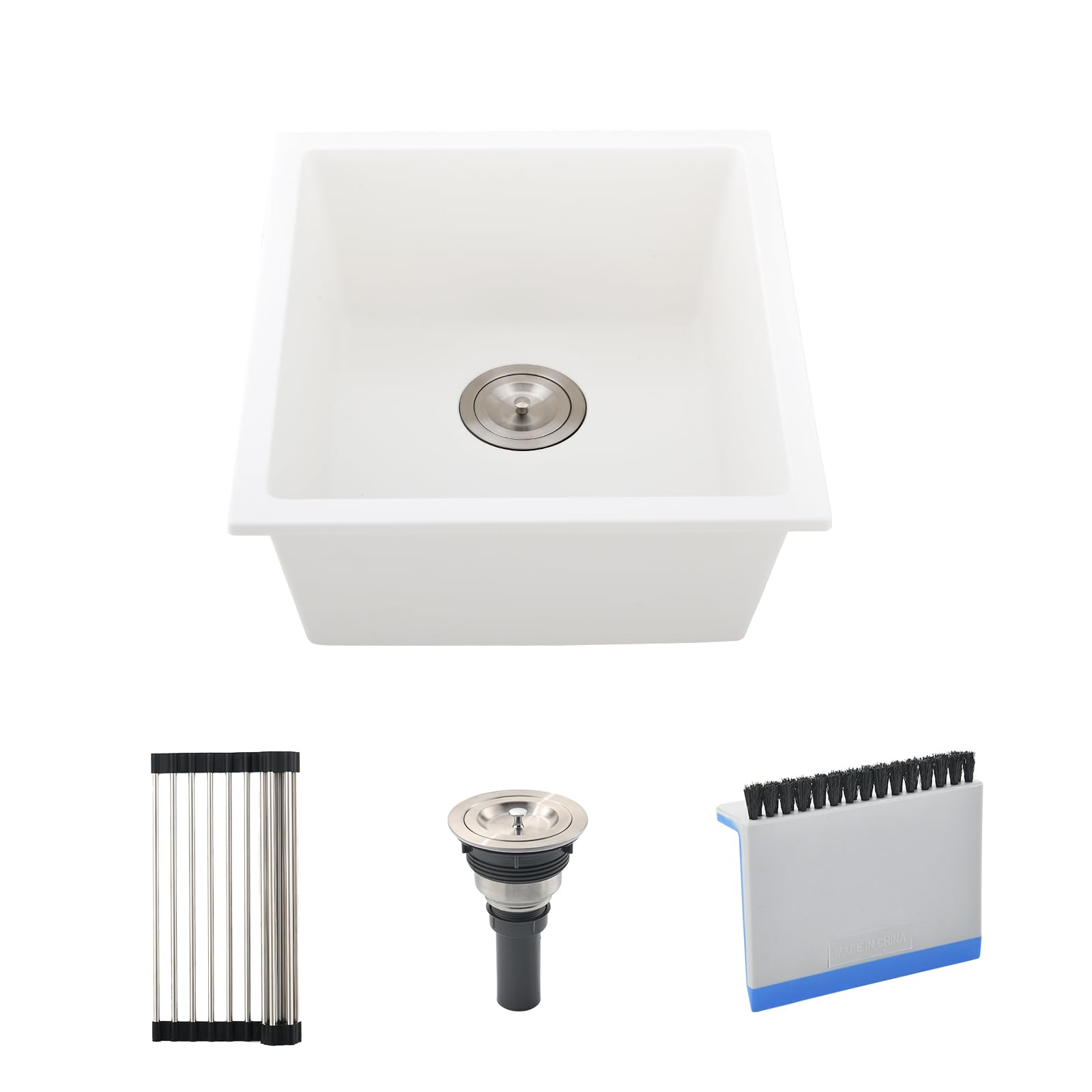 Photo 1 of BoomHoze White Bar Sink Undermount, 13 x 13 Inch Small Kitchen Sink Granite Quartz Wet Bar Single Bowl Deep Basin and Mini Squeegee Combo