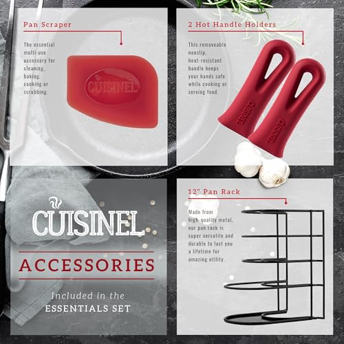 Image of Cuisinel Cast Iron Cookware Set - 6-Pieces Pre-Seasoned Kit: 10 inch+12 inch Skillet + Glass Lids + Pizza Pan + Pan Rack Organizer + Silicone Handle Covers + Scraper /Cleaner - Grill, Camping, Indoor /Outdoor