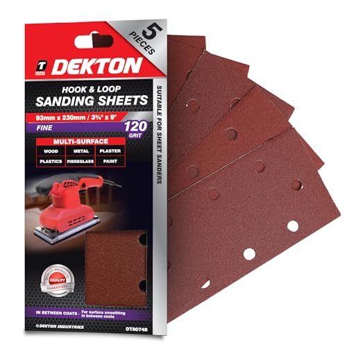 Dekton 5PC Hook and Loop Sanding Sheets 230mm/Extra Coarse - 120 Grit | Ideal for Sheet Sanders | Multi-Surface Use on Wood, Metal, Plaster, Plastics & Paint | Heavy-Duty Sanding Performance