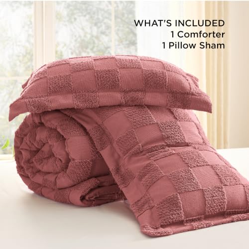 Image of Bedsure Twin /Twin XL Comforter Set Grayish Pink, Boho Tufted Bed Set, Checkered Farmhouse-Style Distressed Vintage Bedding, 2 Pieces, 1 Plaid Geometric Comforter and 1 Pillow Sham